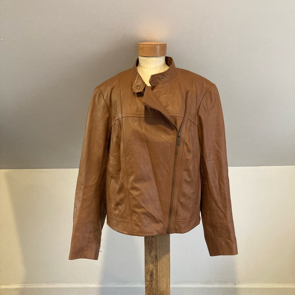 MICHAEL Michael Kors Leather Moto Jacket in Luggage - Picture 8 of 14